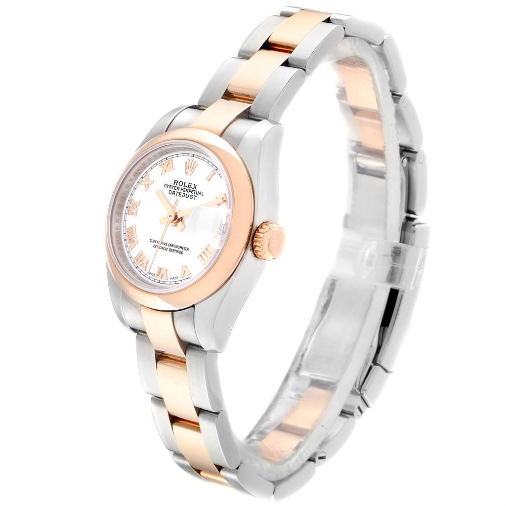 A Rolex Datejust 179161 Women's Steel and Gold (two tone) White Dial 179161 Women's Steel and Gold (two tone) White Dial watch is shown at a three-quarter angle, displaying its face, crown, and bicolored band.