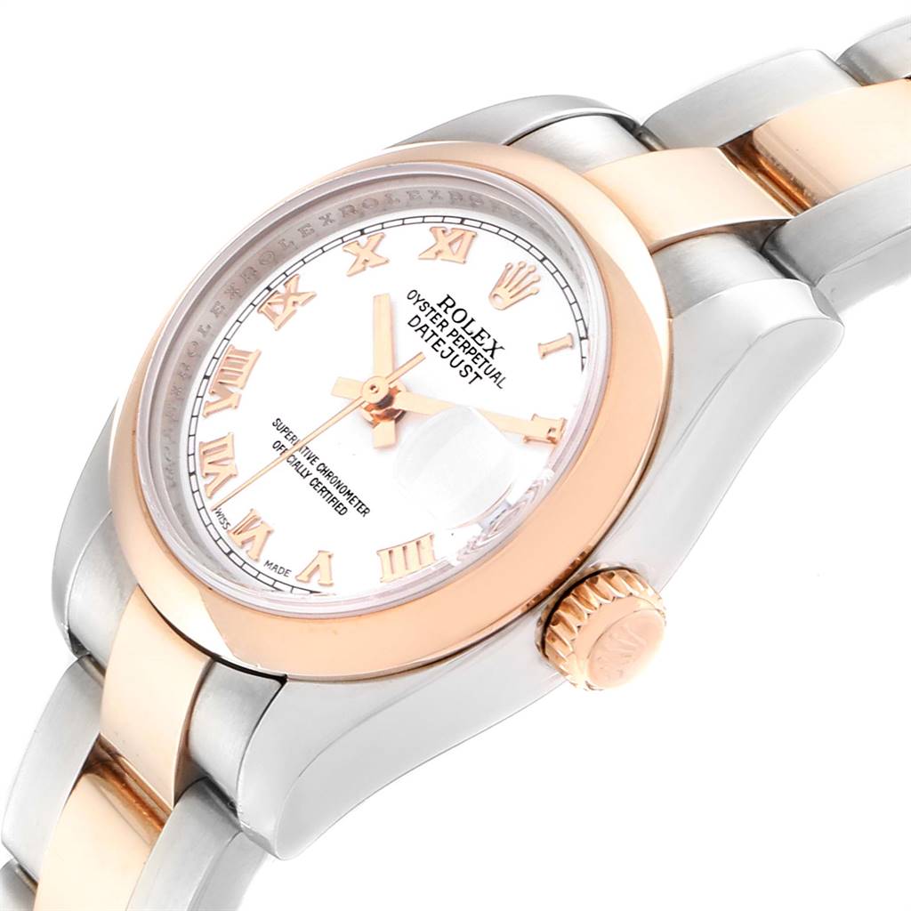 The image shows a close-up angled view of the Rolex Datejust 179161 Women's Steel and Gold (two tone) White Dial 179161 Women's Steel and Gold (two tone) White Dial watch, highlighting the bezel, crown, and a portion of the bracelet.