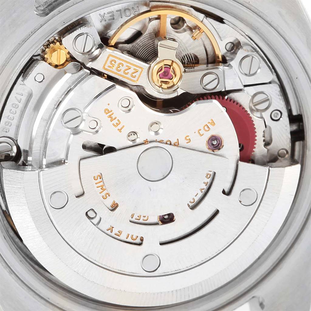 The image shows the inner mechanical movement of a Rolex Datejust 179161 Women's Steel and Gold (two tone) White Dial 179161 Women's Steel and Gold (two tone) White Dial watch, viewed from the back.