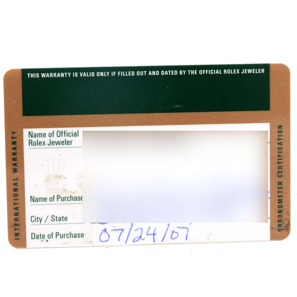 The image shows the international warranty card for a Rolex Datejust 179161 Women's Steel and Gold (two tone) White Dial 179161 Women's Steel and Gold (two tone) White Dial watch.