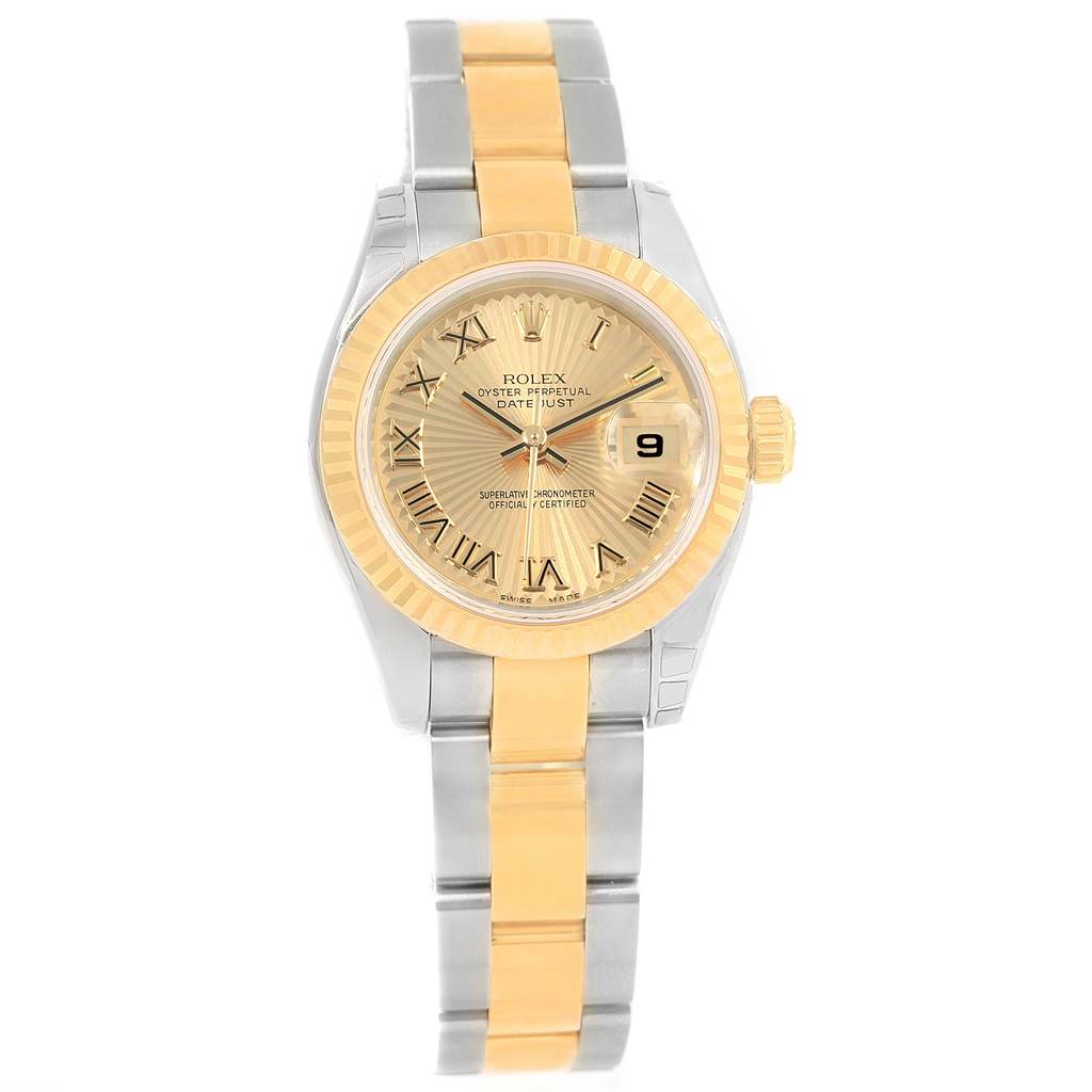 This image shows a Rolex Datejust 179173 Women's Steel and Gold (two tone) Champagne Dial 179173 Women's Steel and Gold (two tone) Champagne Dial watch from a front angle, displaying its dial, bezel, case, and bracelet.