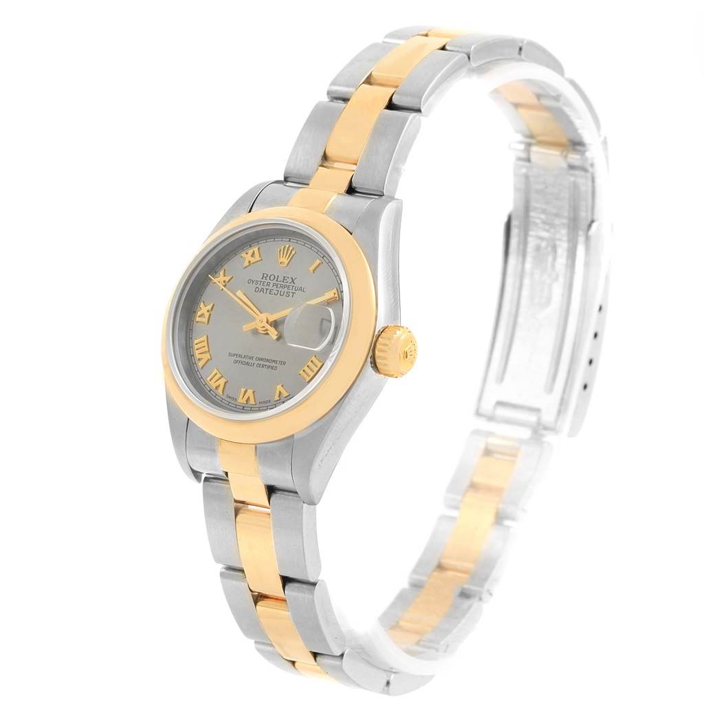 This image shows a Rolex Datejust 69163 Women's Stainless Steel Grey Dial 69163 Women's Stainless Steel Grey Dial watch at a three-quarter angle, highlighting the face, bracelet, and clasp.