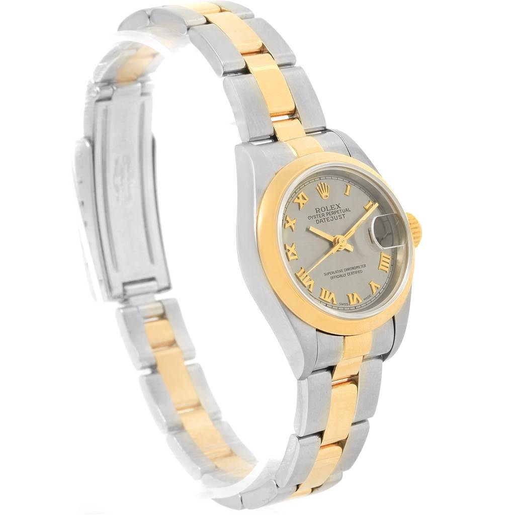 This image shows a Rolex Datejust 69163 Women's Stainless Steel Grey Dial 69163 Women's Stainless Steel Grey Dial watch at a slight angle, highlighting the two-tone bracelet, dial, and bezel.