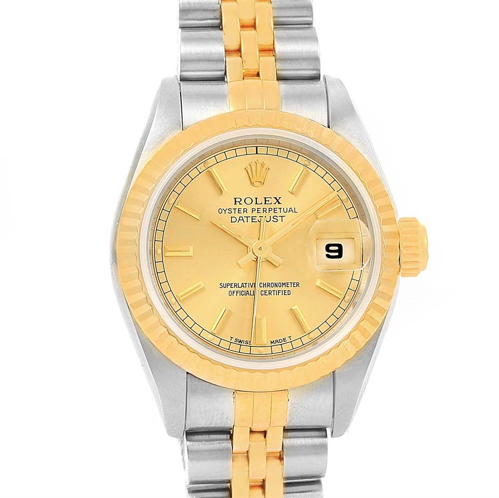 This image shows a front view of a Rolex Datejust 69173 Women's Stainless Steel Champagne Dial 69173 Women's Stainless Steel Champagne Dial watch, highlighting the dial, bezel, and part of the bracelet.