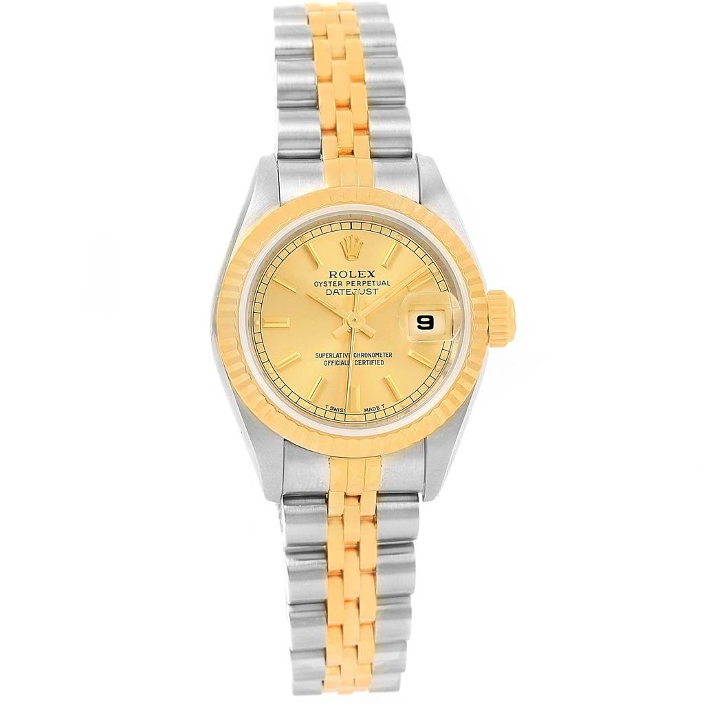 The image shows a front view of a Rolex Datejust 69173 Women's Stainless Steel Champagne Dial 69173 Women's Stainless Steel Champagne Dial watch, highlighting its face and two-tone bracelet.