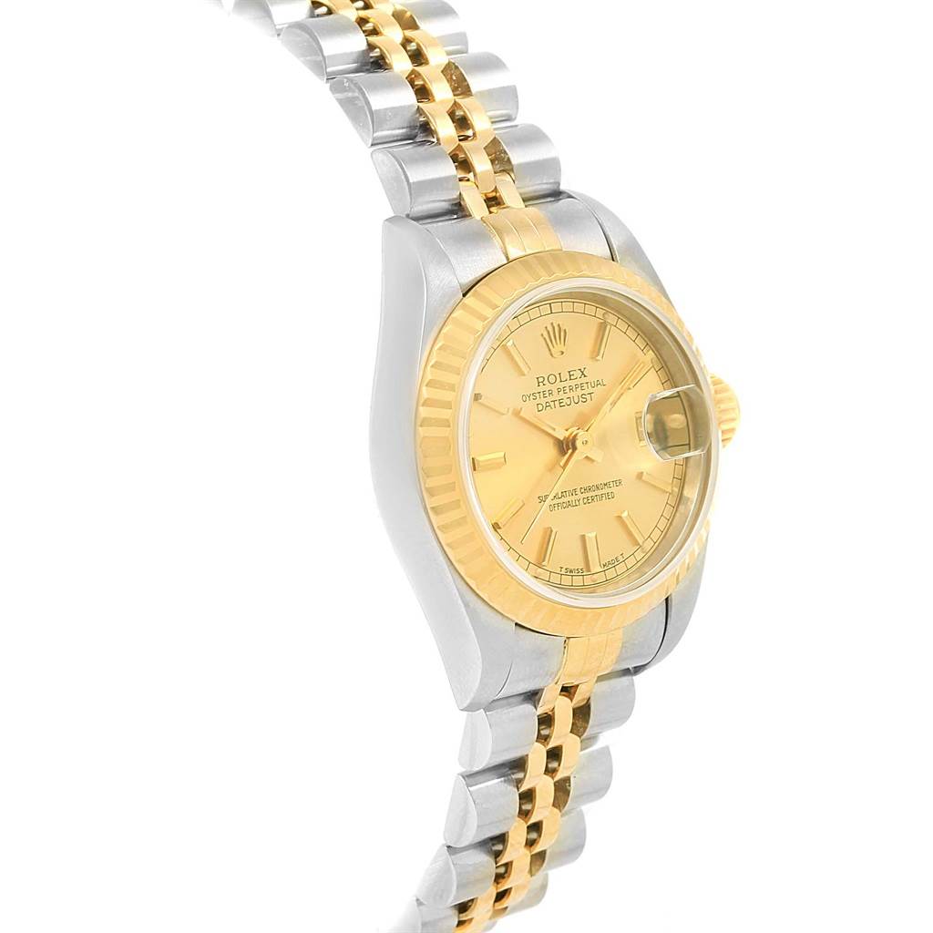 This Rolex Datejust 69173 Women's Stainless Steel Champagne Dial 69173 Women's Stainless Steel Champagne Dial watch is shown from a three-quarter angle, highlighting the bracelet, case, bezel, and dial.