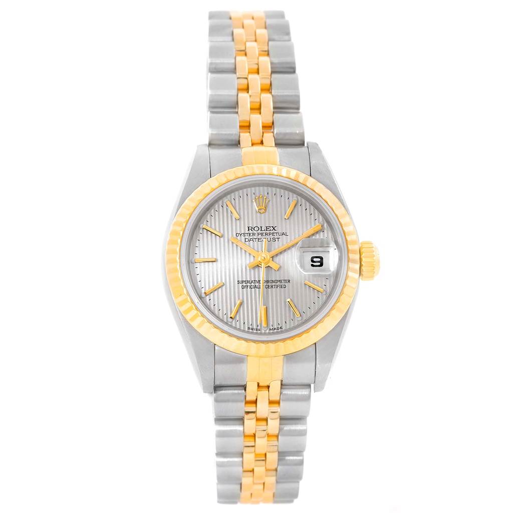The Rolex Datejust 79173 Women's Steel and Gold (two tone) Silver Dial 79173 Women's Steel and Gold (two tone) Silver Dial watch is shown from a top-down angle, displaying the case, dial, bezel, and bracelet.