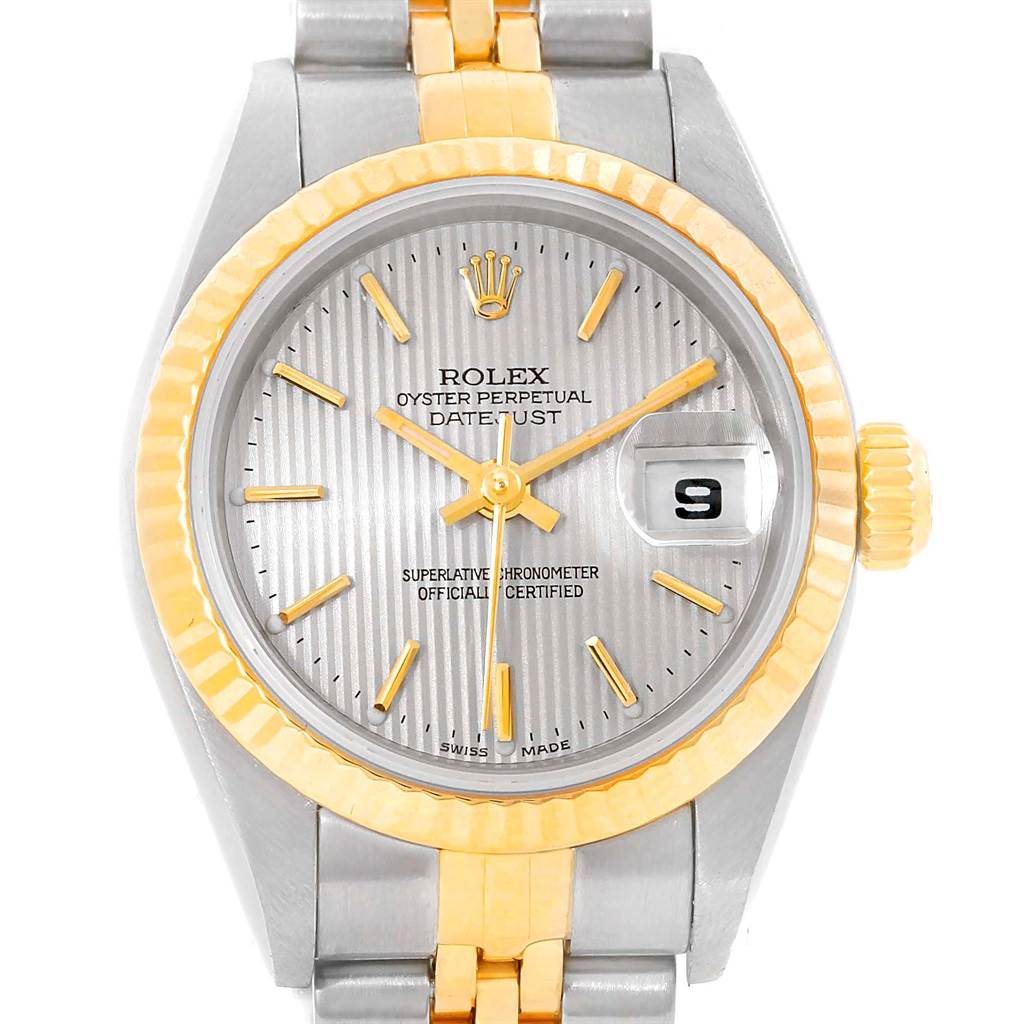 This image shows the full face of a Rolex Datejust 79173 Women's Steel and Gold (two tone) Silver Dial 79173 Women's Steel and Gold (two tone) Silver Dial watch, including the dial, hands, bezel, and part of the bracelet.