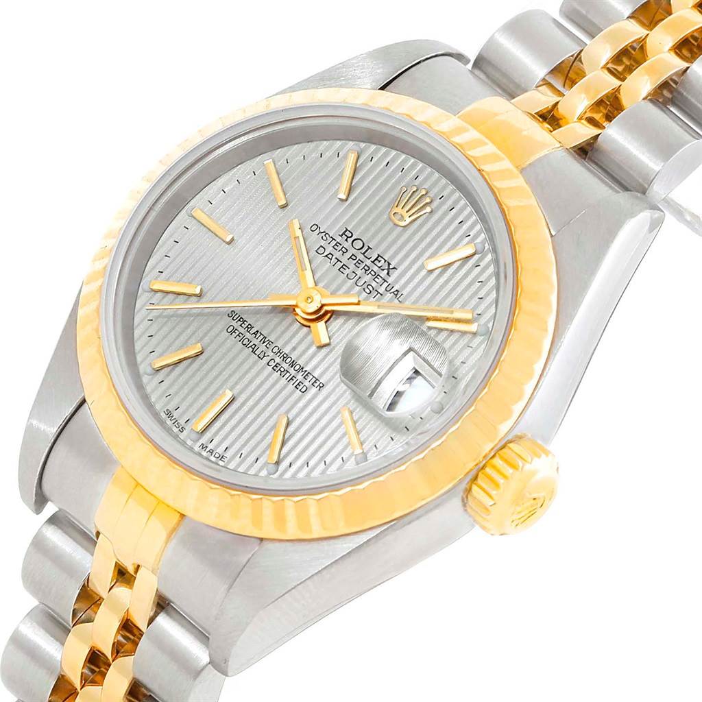 The image shows a Rolex Datejust 79173 Women's Steel and Gold (two tone) Silver Dial 79173 Women's Steel and Gold (two tone) Silver Dial watch at an angled close-up, highlighting the dial, bezel, crown, and part of the bracelet.