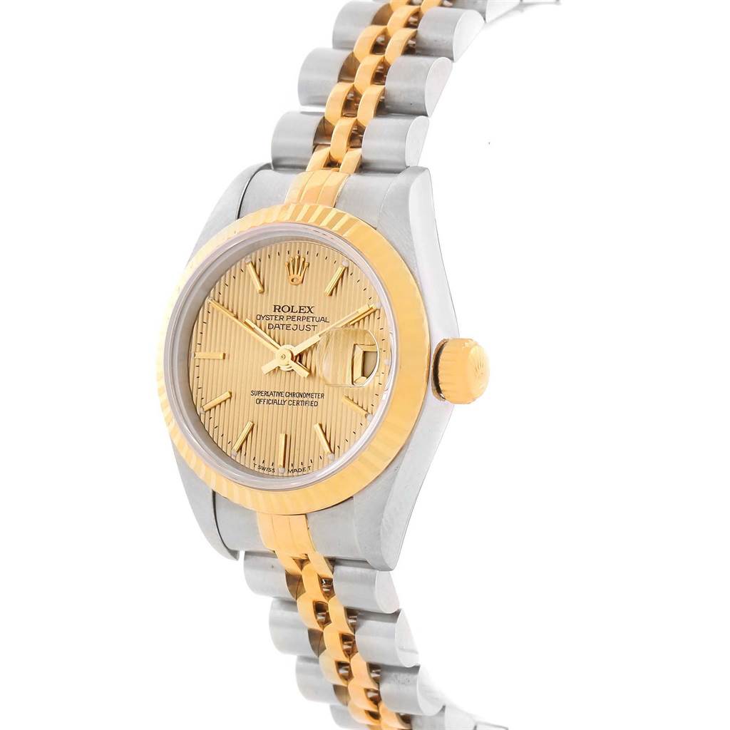 The image shows a Rolex Datejust 79173 Women's Steel and Gold (two tone) Champagne Dial 79173 Women's Steel and Gold (two tone) Champagne Dial watch angled to display the face, case, crown, and part of the two-tone bracelet.
