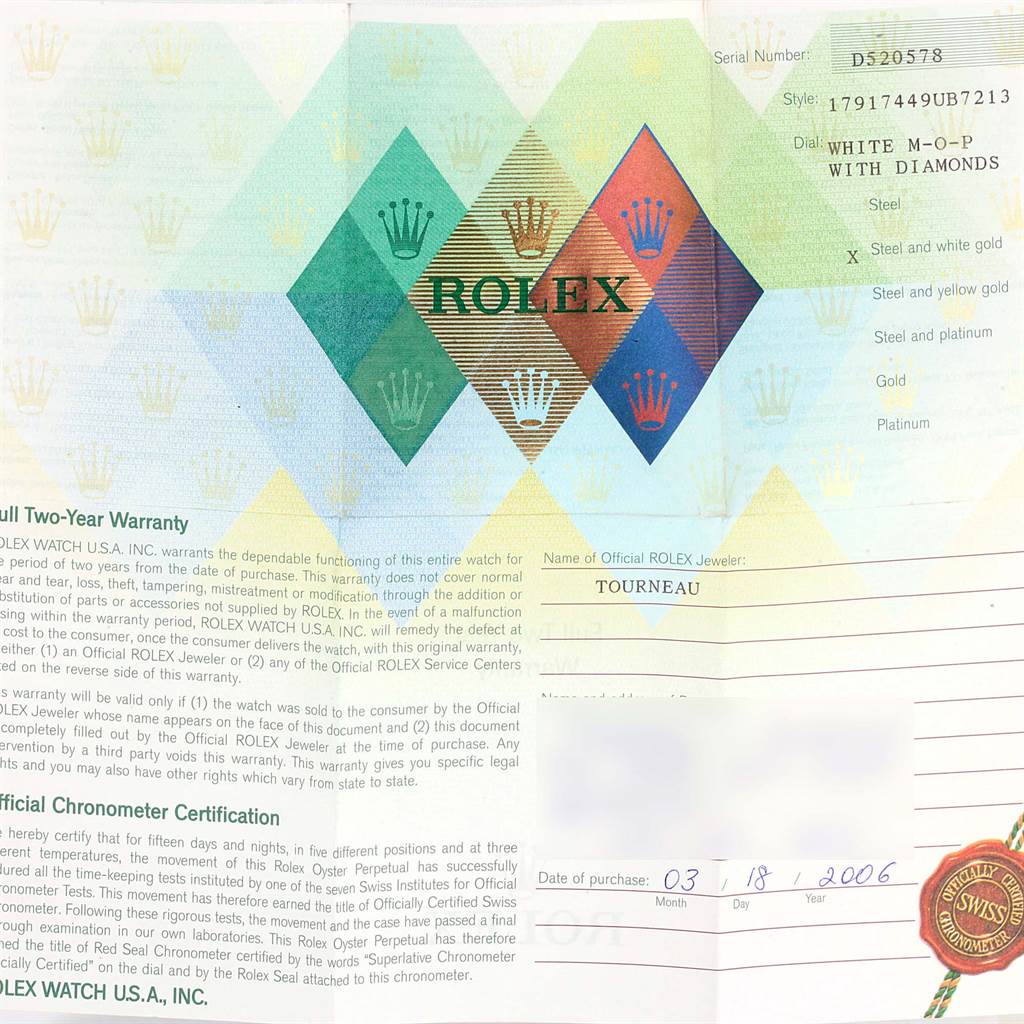 This image shows the warranty and certification card for a Rolex Datejust 179174 Women
s Stainless Steel Mother of Pearl Dial 179174 Women
s Stainless Steel Mother of Pearl Dial model watch.