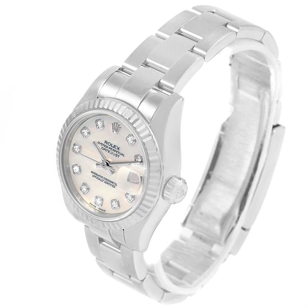 The Rolex Datejust 179174 Women
s Stainless Steel Mother of Pearl Dial 179174 Women
s Stainless Steel Mother of Pearl Dial watch is shown at a three-quarter angle, highlighting its face, bezel, and bracelet.