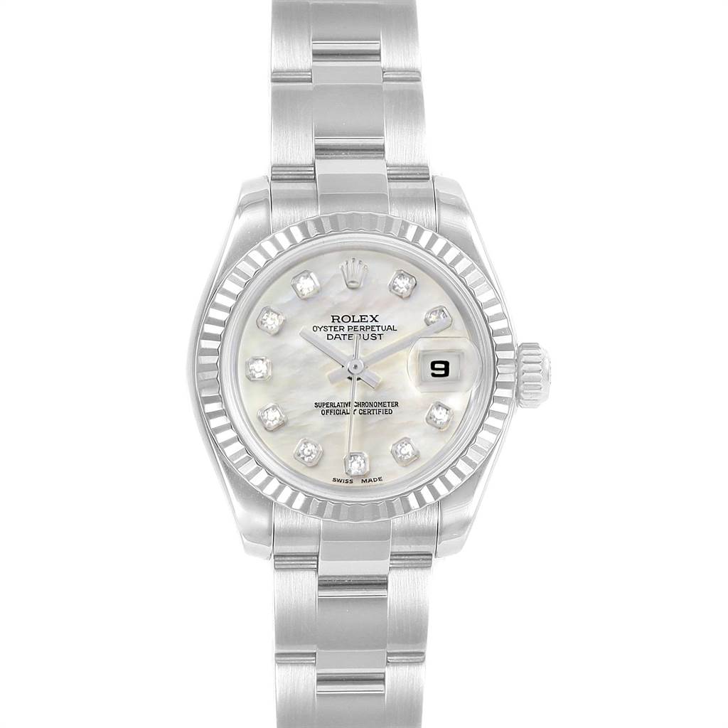 The Rolex Datejust 179174 Women
s Stainless Steel Mother of Pearl Dial 179174 Women
s Stainless Steel Mother of Pearl Dial watch is shown from the front, displaying its face, bezel, and part of the bracelet.