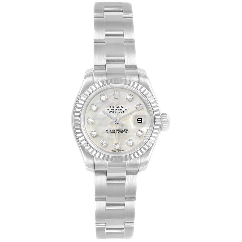 This Rolex Datejust 179174 Women
s Stainless Steel Mother of Pearl Dial 179174 Women
s Stainless Steel Mother of Pearl Dial watch is shown from a top-down angle, highlighting the dial, bracelet, and bezel.