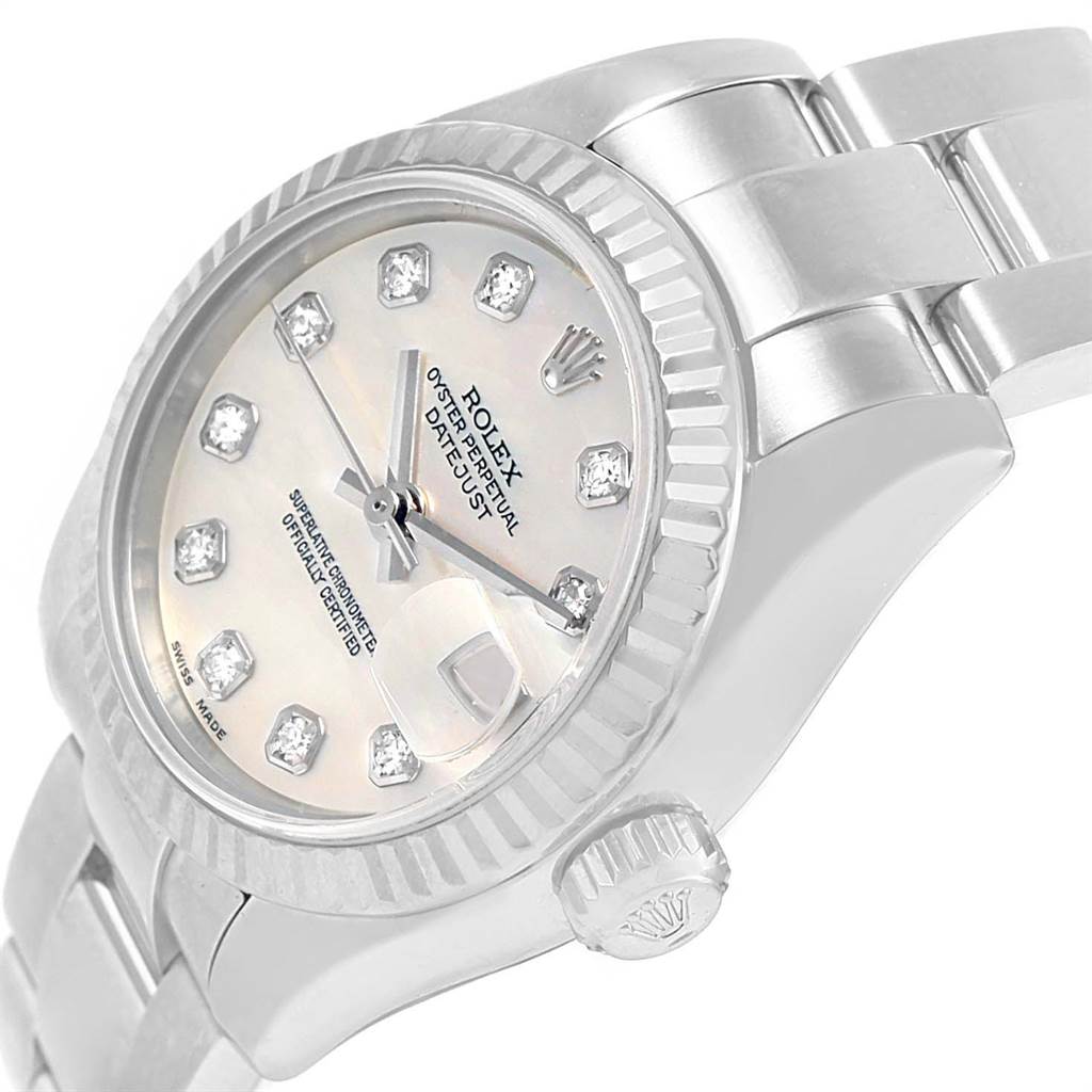 The image shows a close-up angle of the Rolex Datejust 179174 Women
s Stainless Steel Mother of Pearl Dial 179174 Women
s Stainless Steel Mother of Pearl Dial watch, highlighting the dial, bezel, crown, and part of the bracelet.