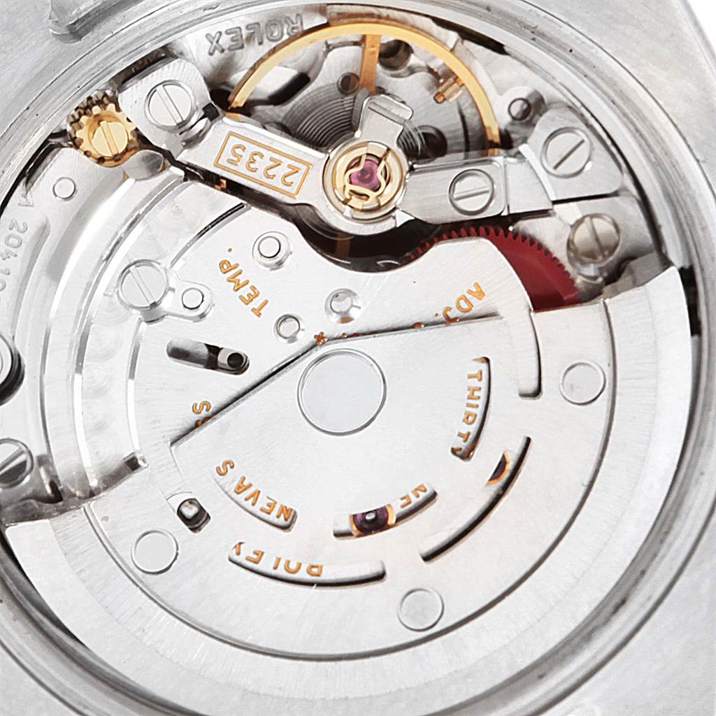 This is an image of the internal movement mechanism of a Rolex Datejust 179174 Women
s Stainless Steel Mother of Pearl Dial 179174 Women
s Stainless Steel Mother of Pearl Dial watch, shown from a top-down angle.