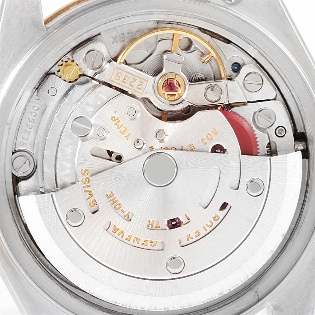The image shows a close-up of the movement mechanism of the Rolex Datejust 79173 Women's Steel and Gold (two tone) Beige Dial 79173 Women's Steel and Gold (two tone) Beige Dial watch.