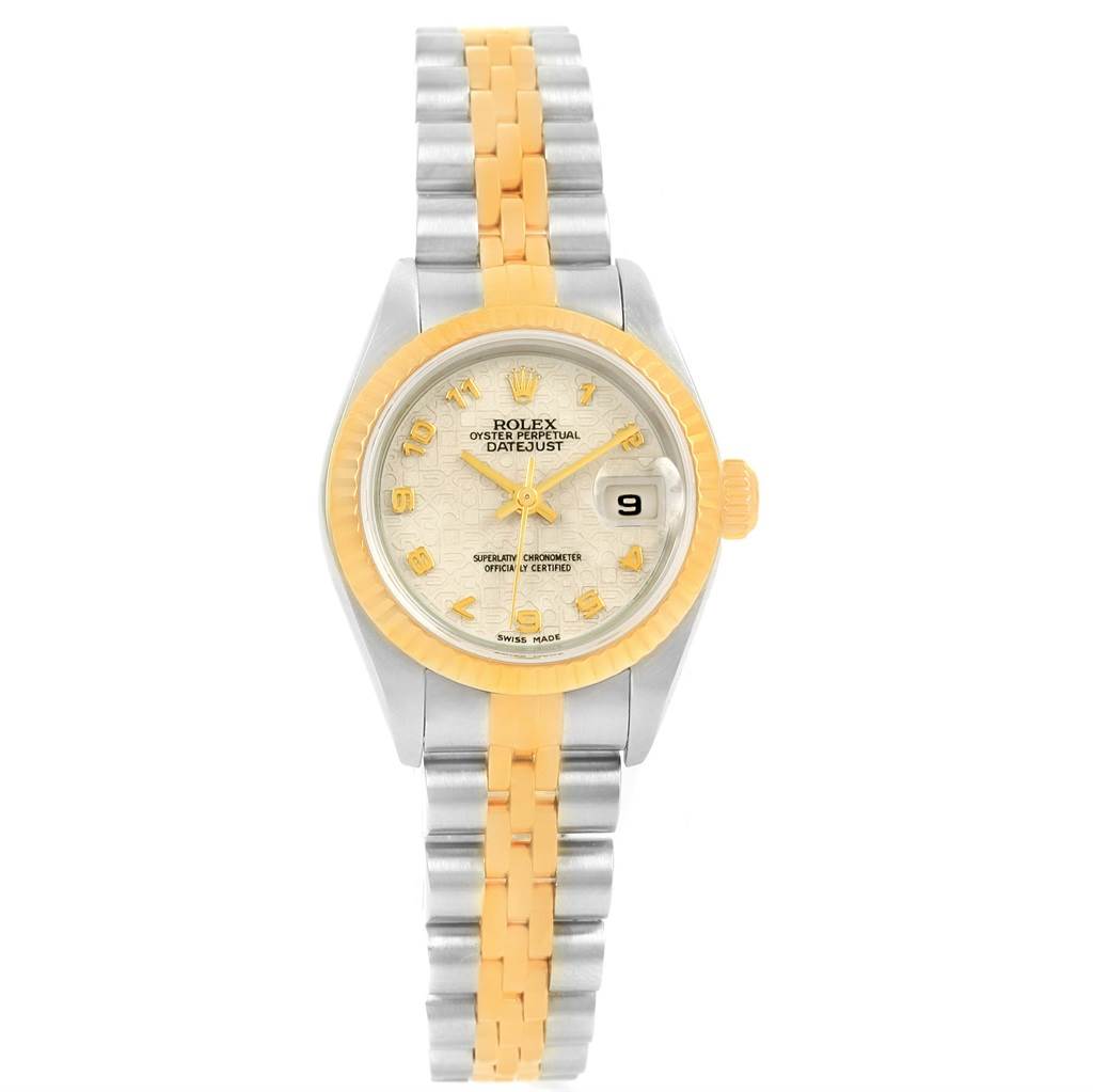 The image shows a front view of a Rolex Datejust 79173 Women's Steel and Gold (two tone) Beige Dial 79173 Women's Steel and Gold (two tone) Beige Dial watch, highlighting its gold and steel bracelet, bezel, and date display.
