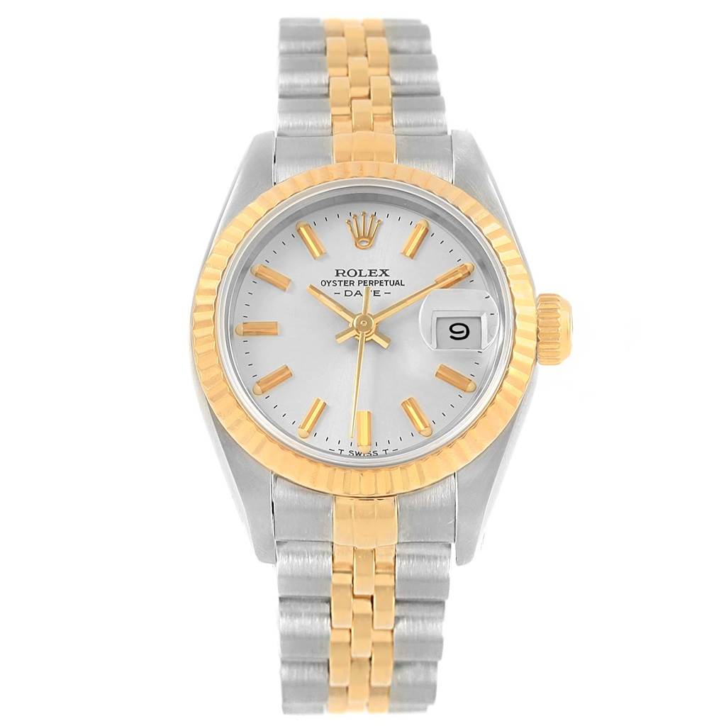 This image shows a Rolex Datejust 69173 Women's Stainless Steel Silver Dial 69173 Women's Stainless Steel Silver Dial watch from the front, displaying the dial, bracelet, bezel, and crown.