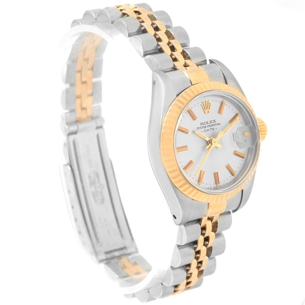 This Rolex Datejust 69173 Women's Stainless Steel Silver Dial 69173 Women's Stainless Steel Silver Dial watch is shown in a side-angle view, displaying its two-tone bracelet and face.
