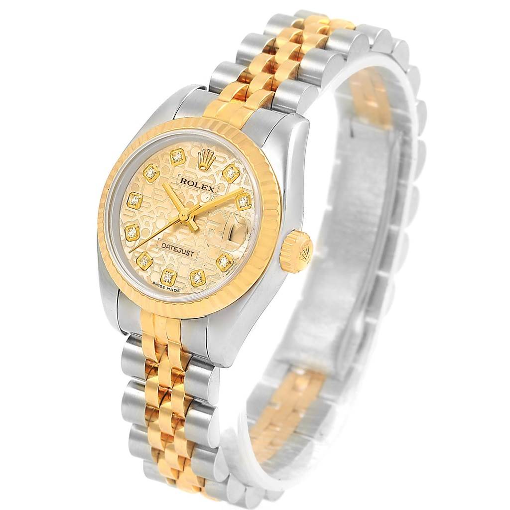 The image shows a Rolex Datejust 179173 Women's Steel and Gold (two tone) Champagne Dial 179173 Women's Steel and Gold (two tone) Champagne Dial watch at a front angle highlighting its bezel, dial, and bracelet.