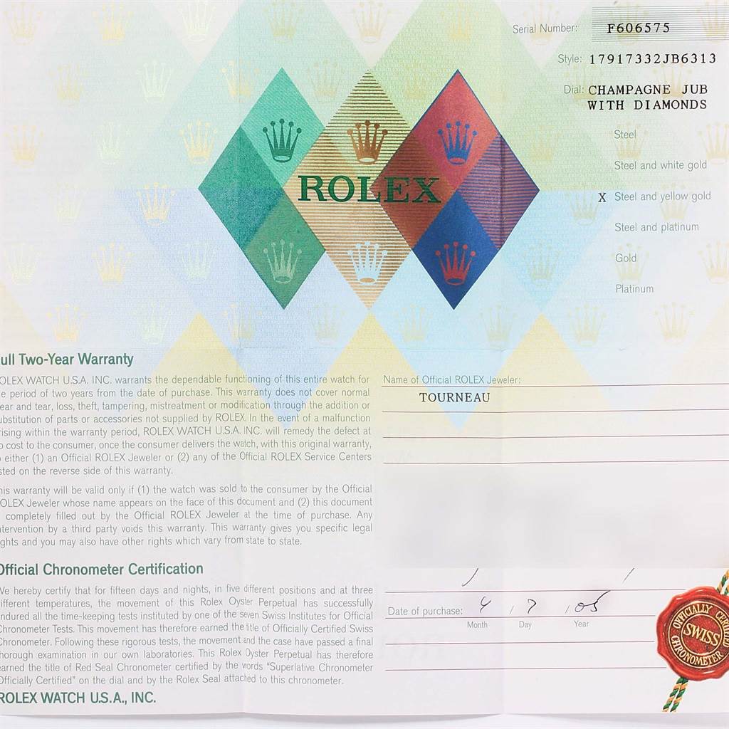 The image shows a warranty certificate for a Rolex Datejust 179173 Women's Steel and Gold (two tone) Champagne Dial 179173 Women's Steel and Gold (two tone) Champagne Dial watch, with details about the model, serial number, and purchase date.