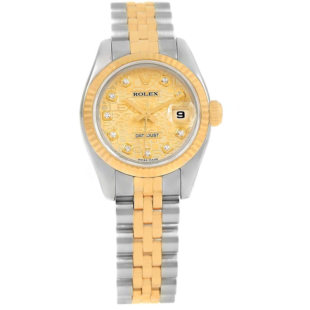 The image shows a frontal view of a Rolex Datejust 179173 Women's Steel and Gold (two tone) Champagne Dial 179173 Women's Steel and Gold (two tone) Champagne Dial watch, highlighting its gold dial, date display, and two-tone metal bracelet.