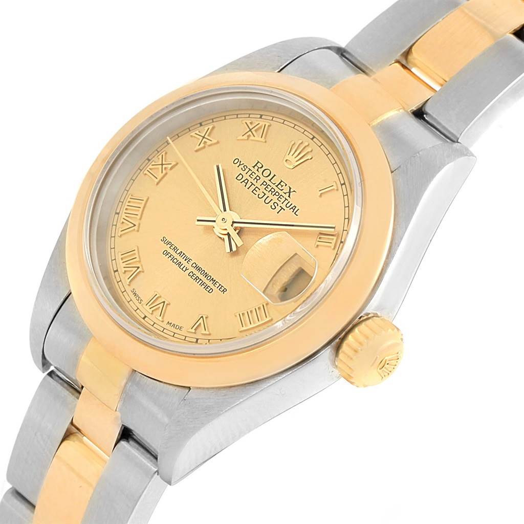 This image shows a side-view angle of the Rolex Datejust 79163 Women's Steel and Gold (two tone) Champagne Dial 79163 Women's Steel and Gold (two tone) Champagne Dial watch, highlighting the dial, bezel, crown, and part of the bracelet.