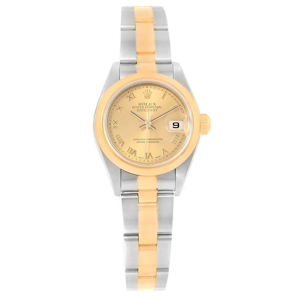 The image shows a Rolex Datejust 79163 Women's Steel and Gold (two tone) Champagne Dial 79163 Women's Steel and Gold (two tone) Champagne Dial watch from a top-down angle, showcasing the face, bezel, and bracelet.
