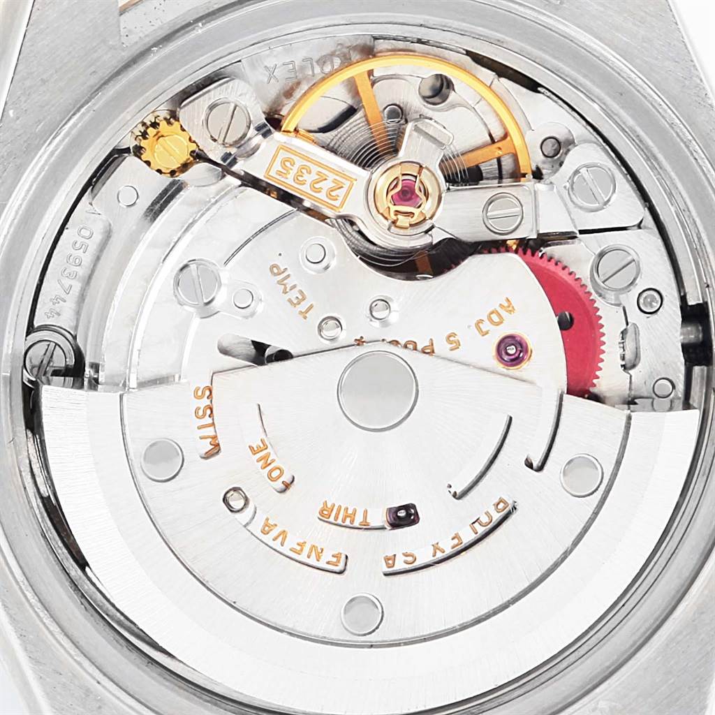 The image shows the internal movement mechanism of the Rolex Datejust 79163 Women's Steel and Gold (two tone) Champagne Dial 79163 Women's Steel and Gold (two tone) Champagne Dial watch from a top-down angle.