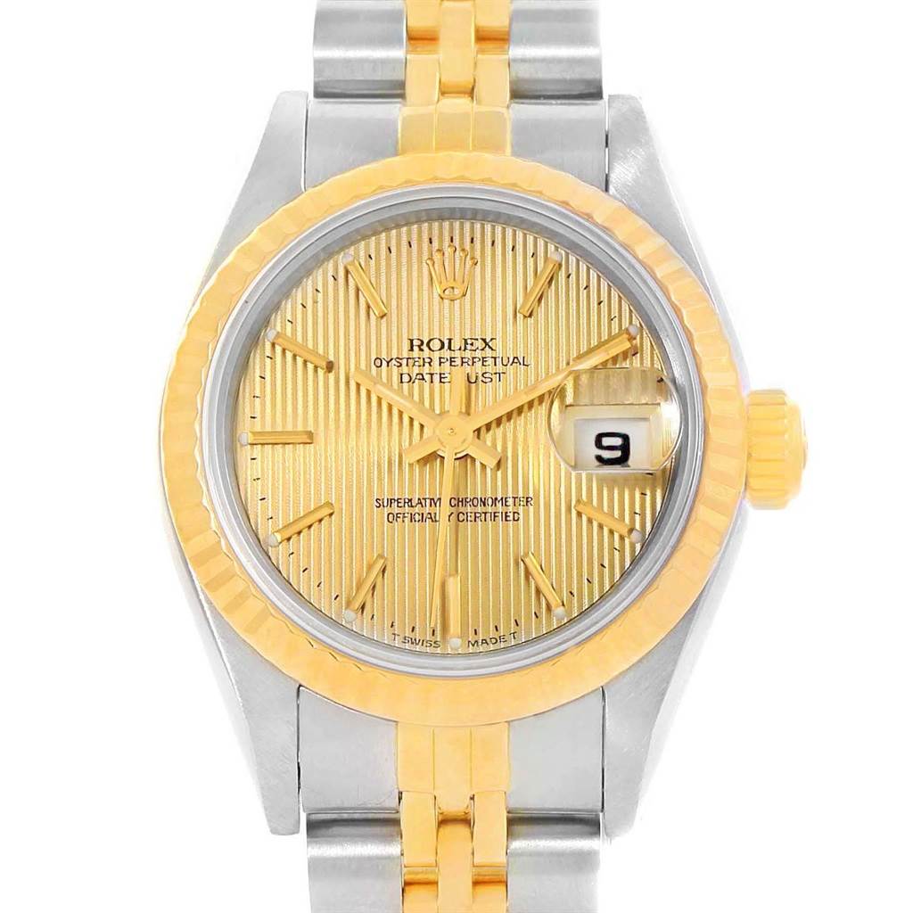 This image shows a front view of the Rolex Datejust 69173 Women's Stainless Steel Champagne Dial 69173 Women's Stainless Steel Champagne Dial, highlighting its dial, bezel, hands, and part of the bracelet.