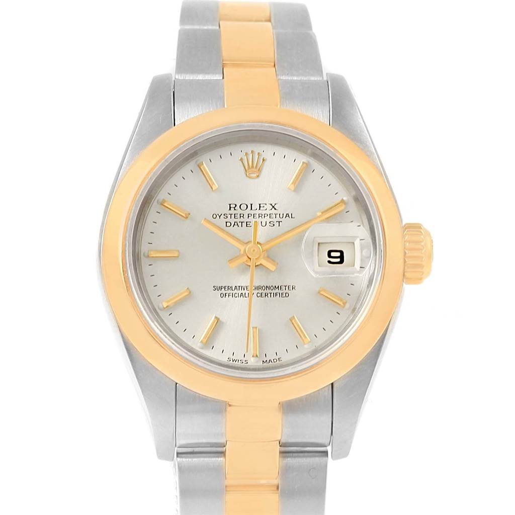 The image shows a front view of a Rolex Datejust 79163 Women's Steel and Gold (two tone) Silver Dial 79163 Women's Steel and Gold (two tone) Silver Dial watch featuring a two-tone metal bracelet, gold bezel, and date display.