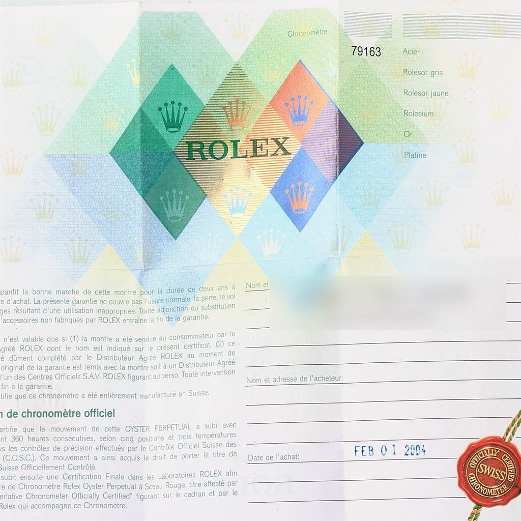 The image shows the warranty and certification paper of the Rolex Datejust 79163 Women's Steel and Gold (two tone) Silver Dial 79163 Women's Steel and Gold (two tone) Silver Dial model.