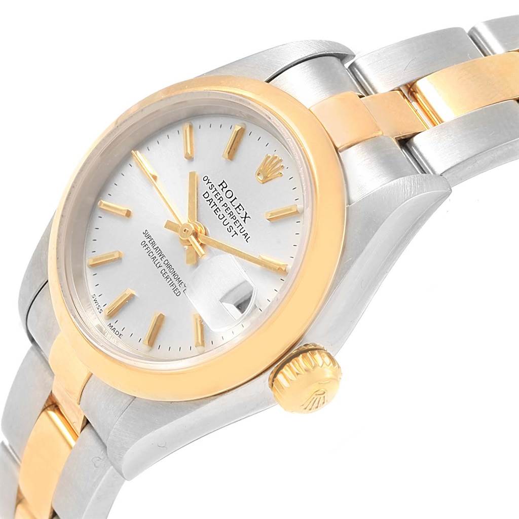 This image shows a close-up angled view of a Rolex Datejust 79163 Women's Steel and Gold (two tone) Silver Dial 79163 Women's Steel and Gold (two tone) Silver Dial watch, highlighting the dial, bezel, crown, and part of the bracelet.