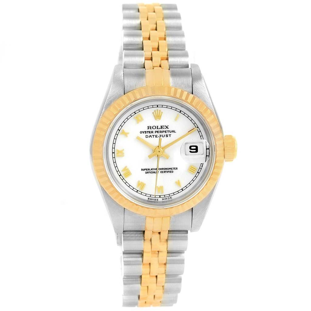 This image shows a Rolex Datejust 69173 Women's Stainless Steel White Dial 69173 Women's Stainless Steel White Dial watch from a front angle, highlighting its dial, bezel, and two-tone bracelet.