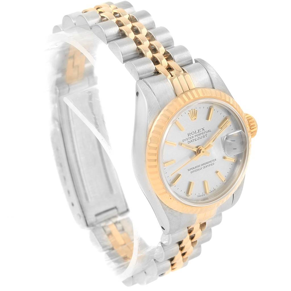 This Rolex Datejust 69173 Women's Stainless Steel Silver Dial 69173 Women's Stainless Steel Silver Dial watch is shown at a 3/4 angle, highlighting its dual-tone bracelet, fluted bezel, dial, and crown.