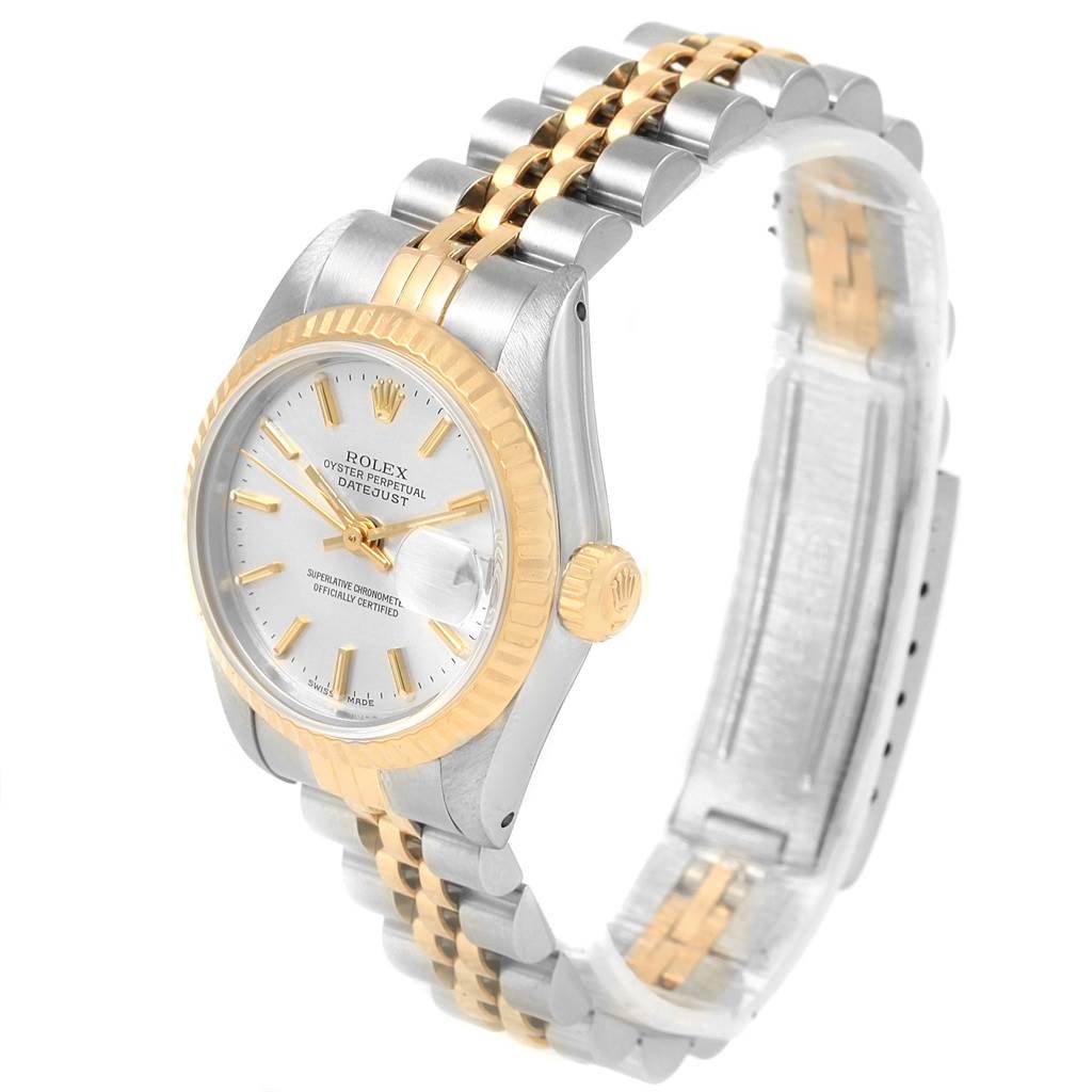 The Rolex Datejust 69173 Women's Stainless Steel Silver Dial 69173 Women's Stainless Steel Silver Dial watch is shown at a three-quarter angle, highlighting the face, bezel, crown, and two-tone bracelet.