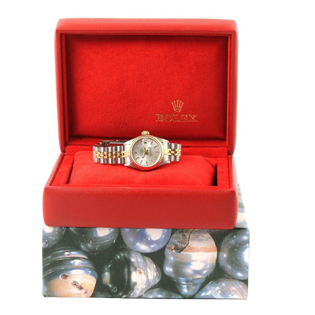 The Rolex Datejust 69173 Women's Stainless Steel Silver Dial 69173 Women's Stainless Steel Silver Dial watch is shown from a frontal angle, displayed inside an open red box.
