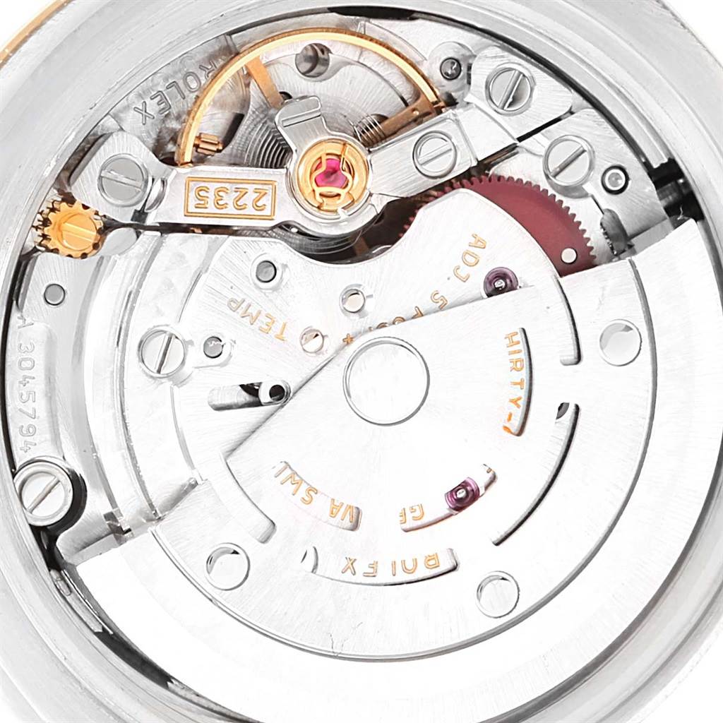 The image shows the internal movement mechanism of a Rolex Datejust 179173 Women's Steel and Gold (two tone) Black Dial 179173 Women's Steel and Gold (two tone) Black Dial watch, viewed from the back.