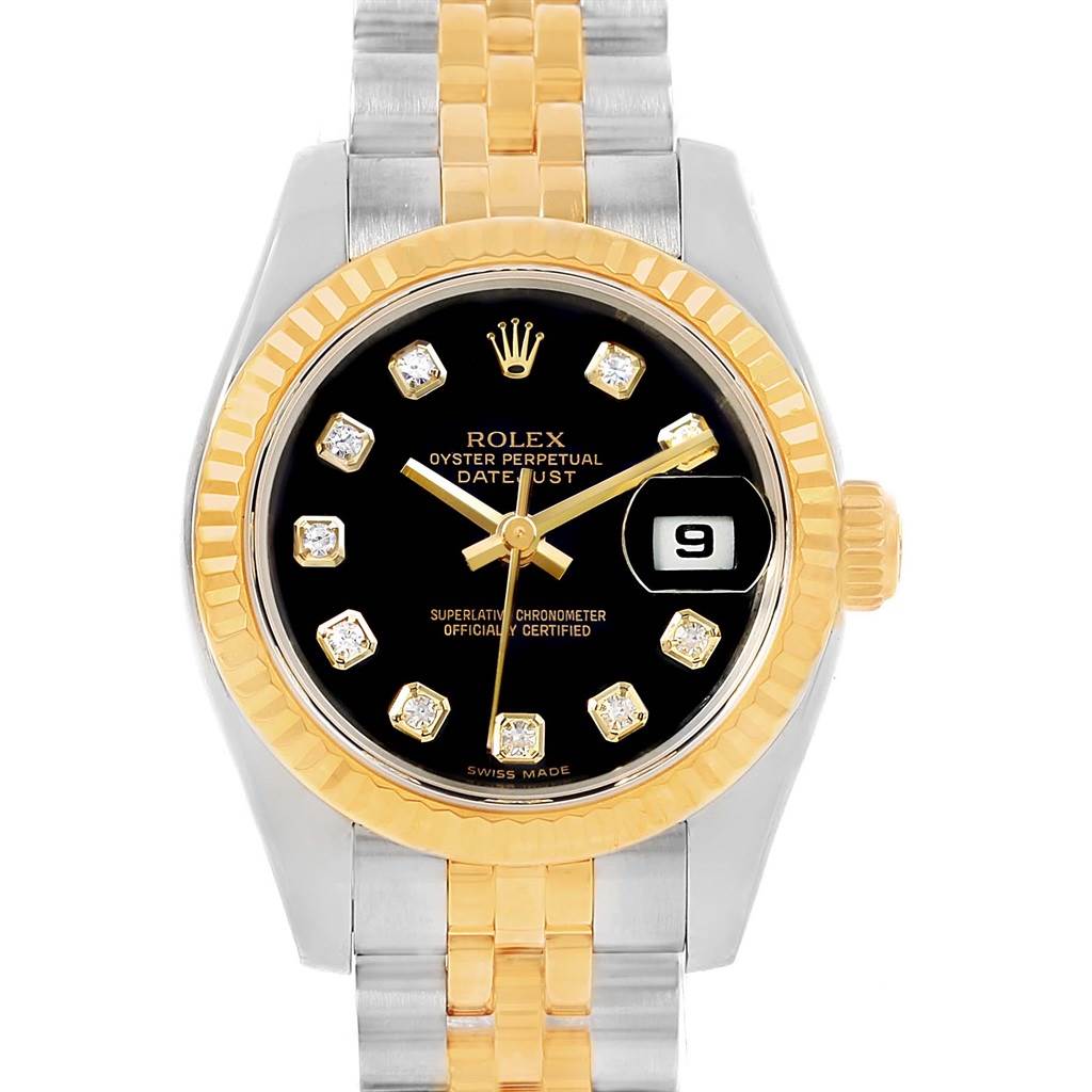 The Rolex Datejust 179173 Women's Steel and Gold (two tone) Black Dial 179173 Women's Steel and Gold (two tone) Black Dial watch is shown from a front angle, displaying the black dial, diamond hour markers, and two-tone bracelet.