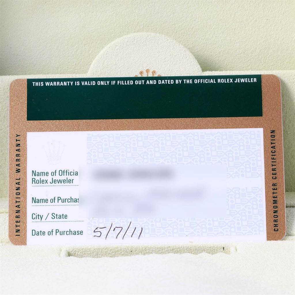 The image shows an International Warranty card for the Rolex Datejust 179173 Women's Steel and Gold (two tone) Black Dial 179173 Women's Steel and Gold (two tone) Black Dial watch.