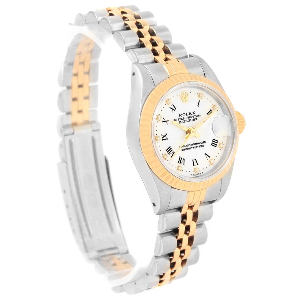 The image shows a Rolex Datejust 69173 Women's Stainless Steel White Dial 69173 Women's Stainless Steel White Dial watch at a three-quarter angle, highlighting its two-tone bracelet, white dial, and gold bezel.