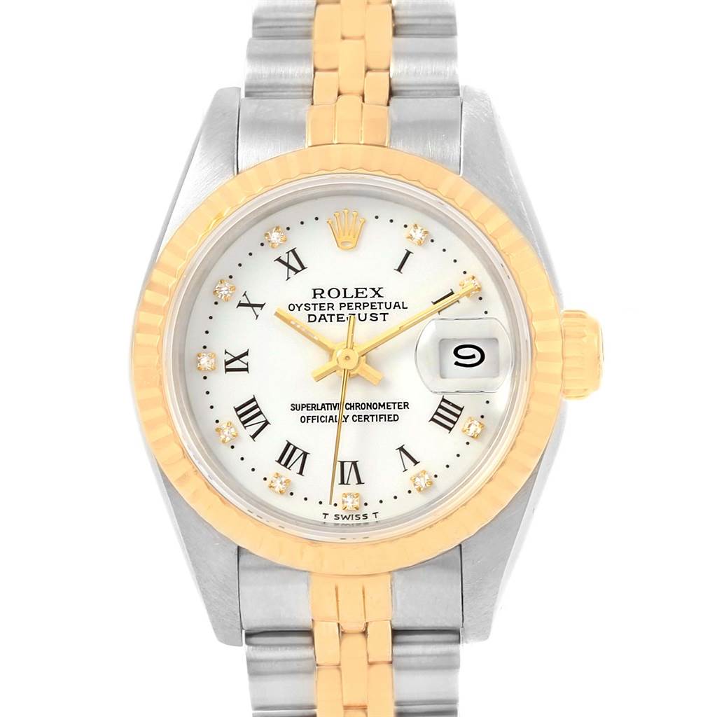 The image shows a frontal view of the Rolex Datejust 69173 Women's Stainless Steel White Dial 69173 Women's Stainless Steel White Dial watch, highlighting the dial, hands, bezel, and bracelet.