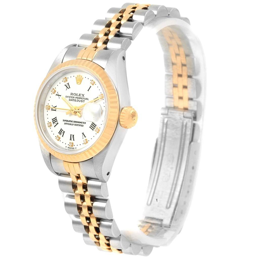 The image shows a Rolex Datejust 69173 Women's Stainless Steel White Dial 69173 Women's Stainless Steel White Dial watch at a slight side angle, highlighting the face, bezel, and two-tone bracelet.