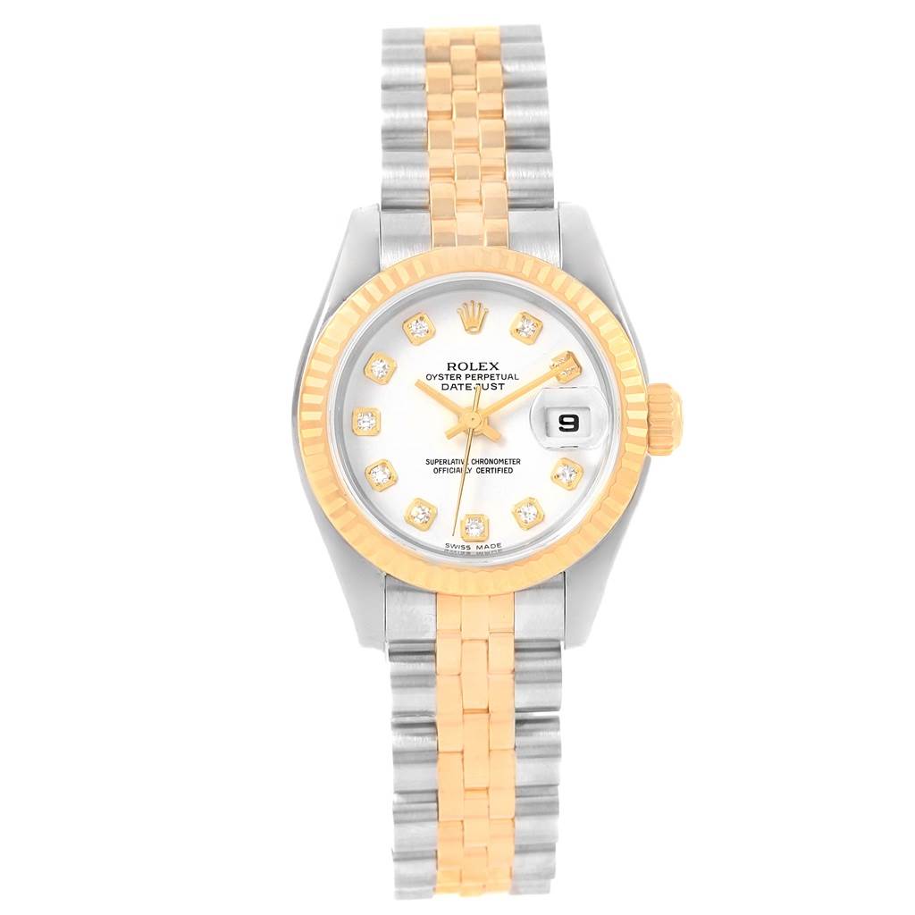 This image shows a front view of the Rolex Datejust 179173 Women's Steel and Gold (two tone) White Dial 179173 Women's Steel and Gold (two tone) White Dial watch, featuring its face, bezel, and two-tone bracelet.
