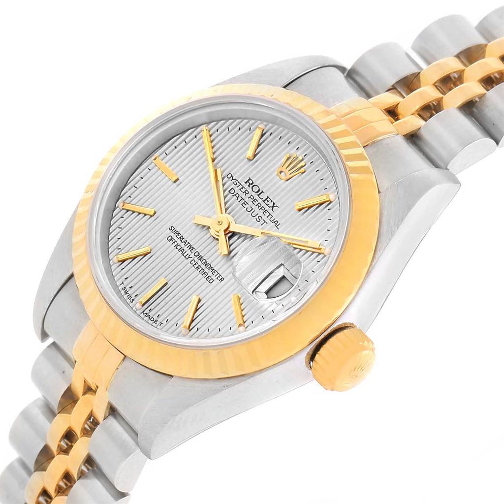 This image shows a close-up angle of a Rolex Datejust 69173 Women's Stainless Steel Silver Dial 69173 Women's Stainless Steel Silver Dial watch, highlighting the face, bezel, crown, and part of the bracelet.