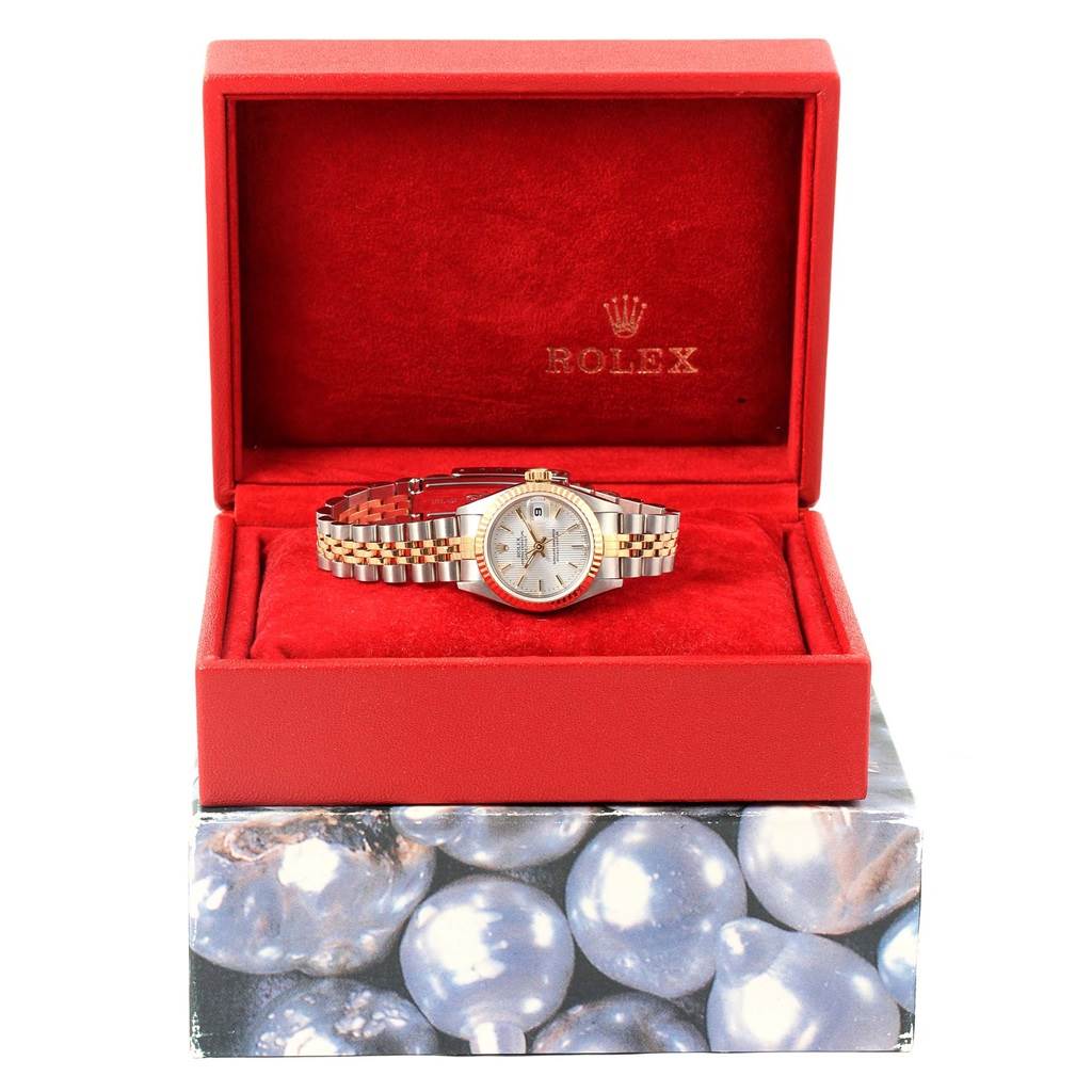The Rolex Datejust 69173 Women's Stainless Steel Silver Dial 69173 Women's Stainless Steel Silver Dial watch is shown from the front inside an open red box.