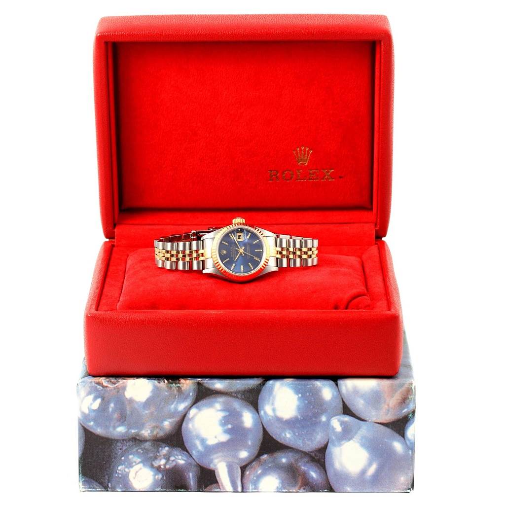 The image shows a Rolex Datejust 69173 Women's Stainless Steel Blue Dial 69173 Women's Stainless Steel Blue Dial watch displayed in a red velvet box, showcasing the face and bracelet from a front angle.