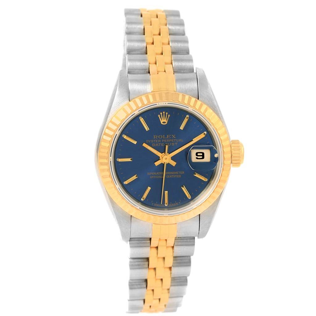 This image shows a Rolex Datejust 69173 Women's Stainless Steel Blue Dial 69173 Women's Stainless Steel Blue Dial watch from a front angle, highlighting the face, bezel, crown, and bracelet.