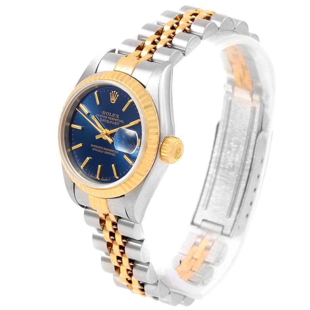 The image shows a Rolex Datejust 69173 Women's Stainless Steel Blue Dial 69173 Women's Stainless Steel Blue Dial watch at a three-quarter angle, featuring the face, bezel, crown, and jubilee bracelet.